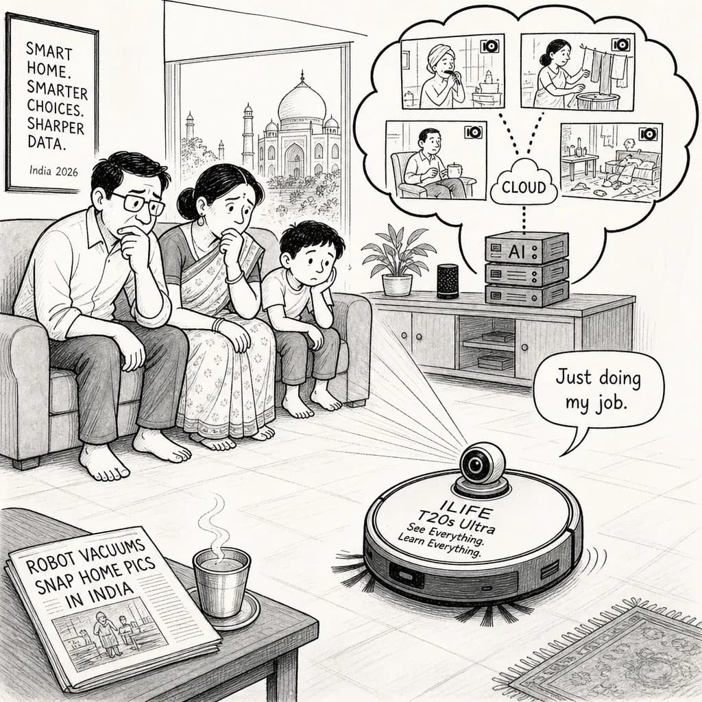 風刺画: 2026年のインドで「ロボット掃除機が家事の写真を勝手に撮影」問題が話題 📸 プライバシー vs スマート化で消費者が悩んでる