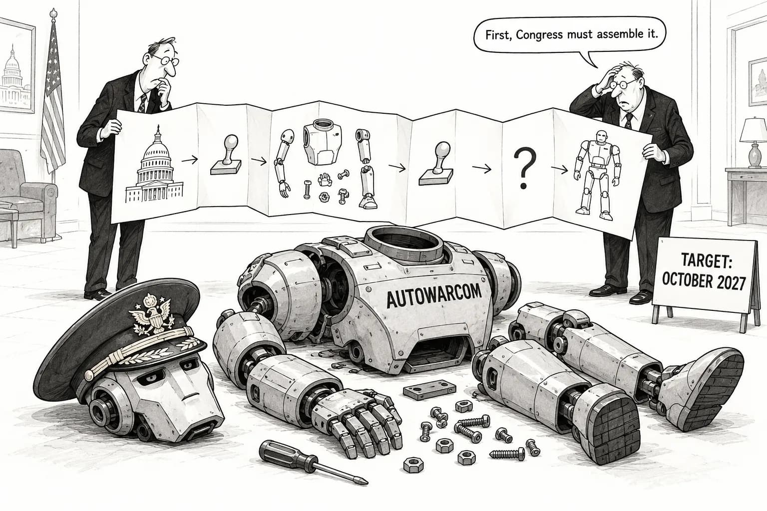 Editorial cartoon: Pentagon's autonomous warfare command is being built, not yet created: target is October 2027, Congress and a Senate plan still in play, and DIU's Owen West reportedly takes leave