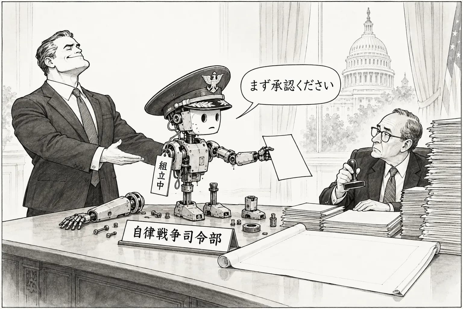 風刺画: 国防総省の自律戦争司令部は『創設』ではなく『構築開始』——稼働目標は2027年10月、議会の立法と上院案との調整が残り、最初の人事として DIU の Owen West が休職と報じられる