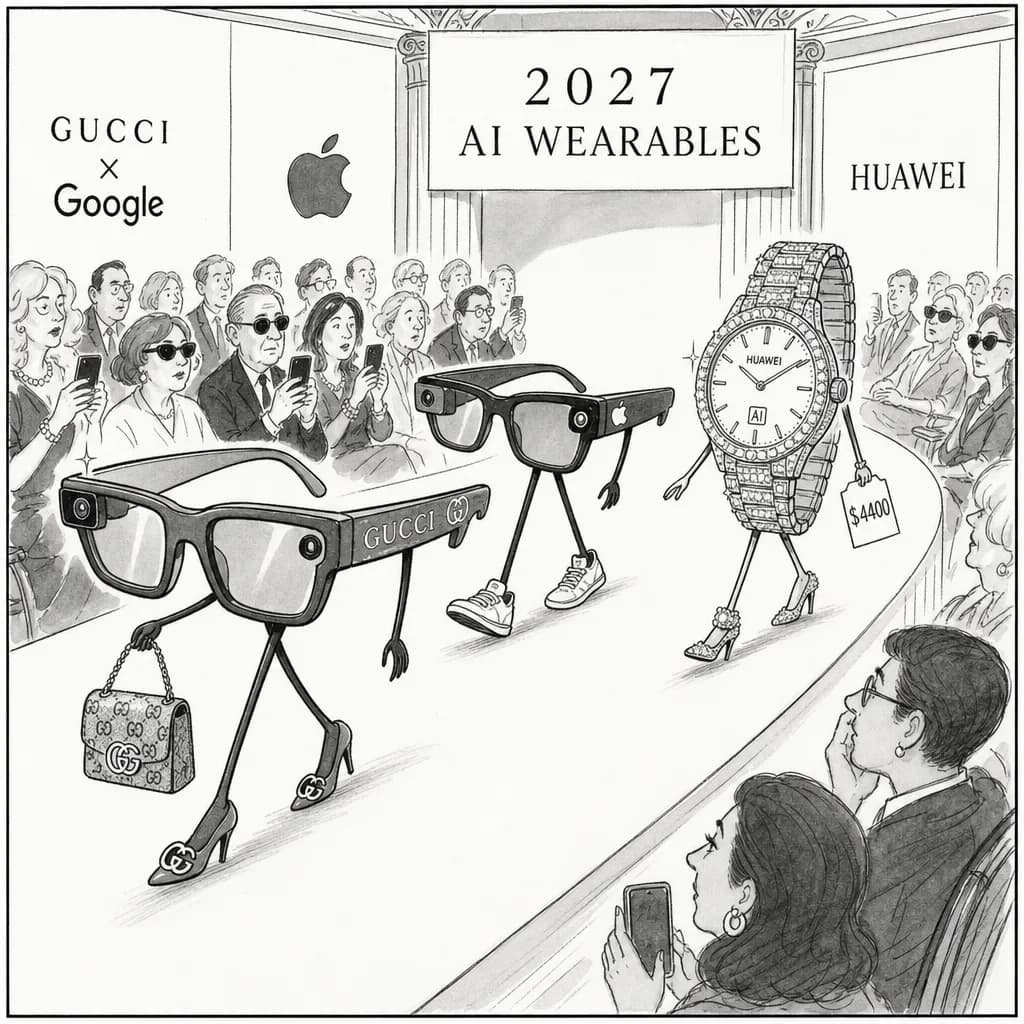 風刺画: 2027年のスマートグラス戦争、Gucci×Googleから$4400ダイヤモンド時計まで!ラグジュアリーブランドがAIガジェット市場に本格参戦 ✨