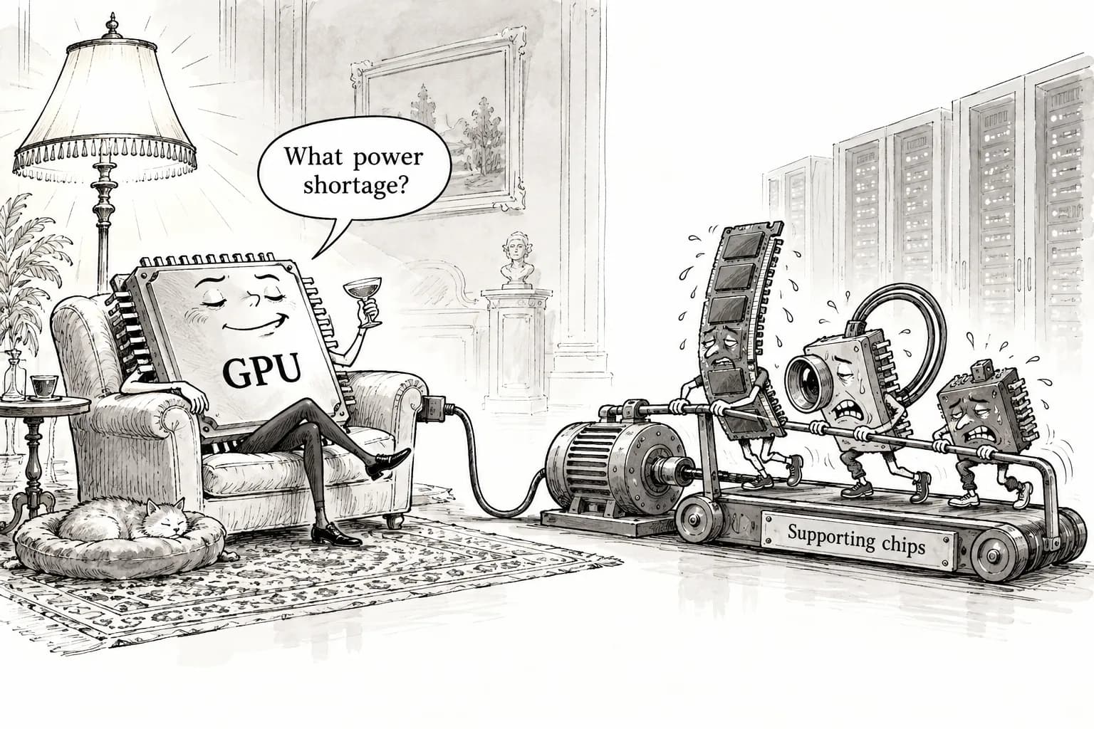 Editorial cartoon: Morgan Stanley estimates a 32GW US data center power shortfall by 2028, with the strain falling on surrounding chips rather than GPUs