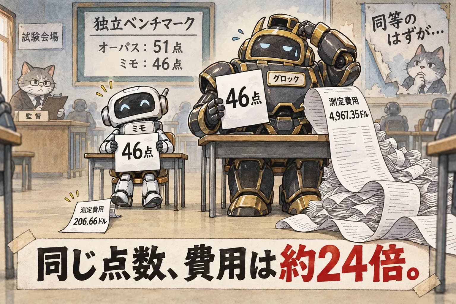 風刺画: 同点でコストが24倍 — 独立ベンチマークが暴いたのは性能差ではなく浪費の差だった