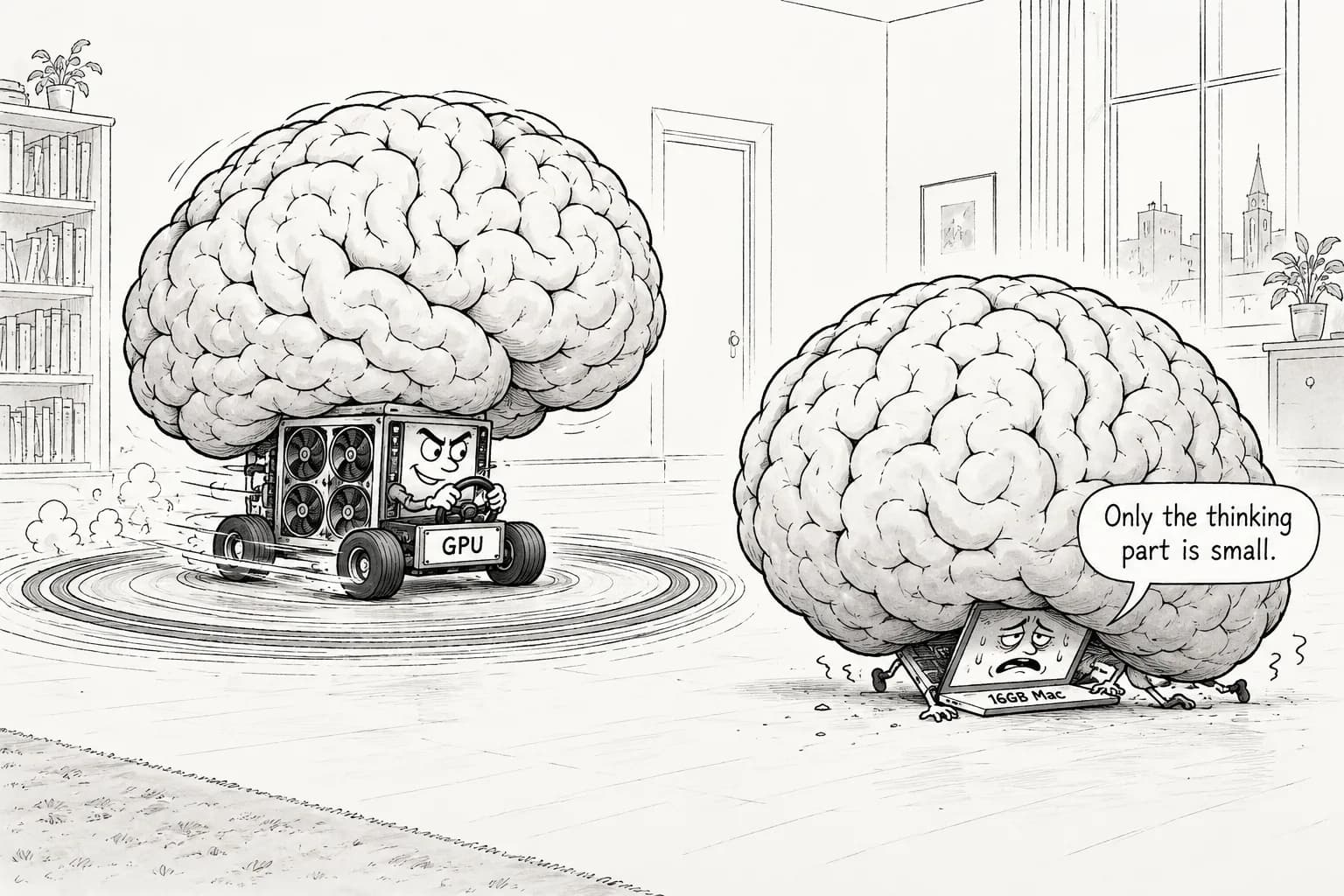 Editorial cartoon: LFM2.5-24B-A2B runs just 2B of its 24B parameters, and early user reports split between 320 tok/s on an RTX 5070 Ti and 3.58 tok/s on a 16GB Mac