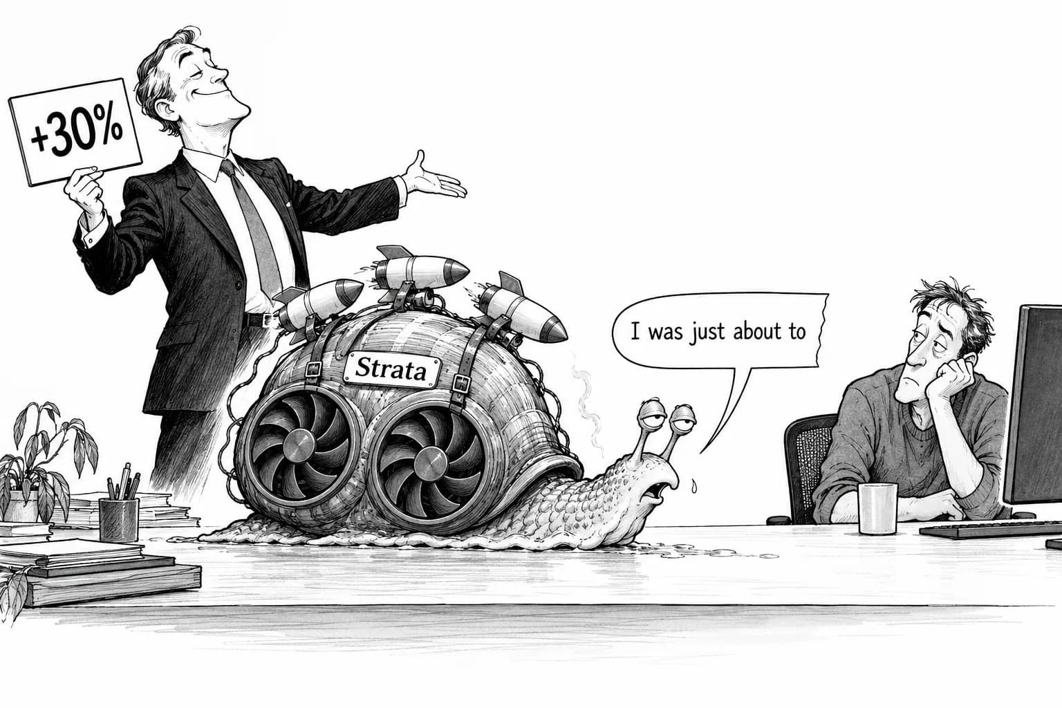 Editorial cartoon: Strata shipped three releases in three days claiming "+30%", and in the same three days users reported "21% slower on two RTX 3090s" and "output cuts off on a 5090"