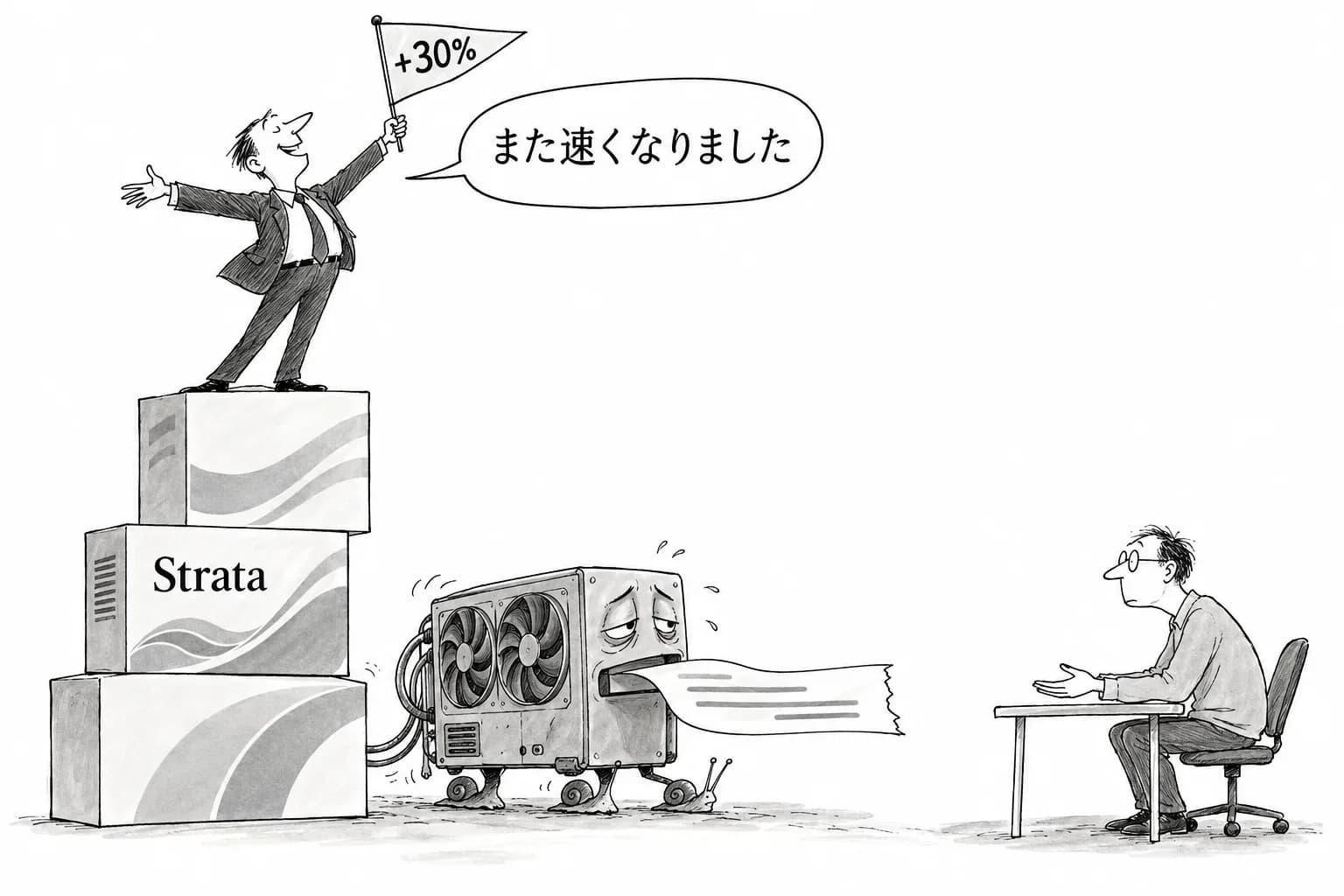 風刺画: 3日で3回リリースして「+30%」を積んだStrata、同じ3日に利用者から「RTX 3090×2で21%遅い」「5090で出力が途中で切れる」が届いた