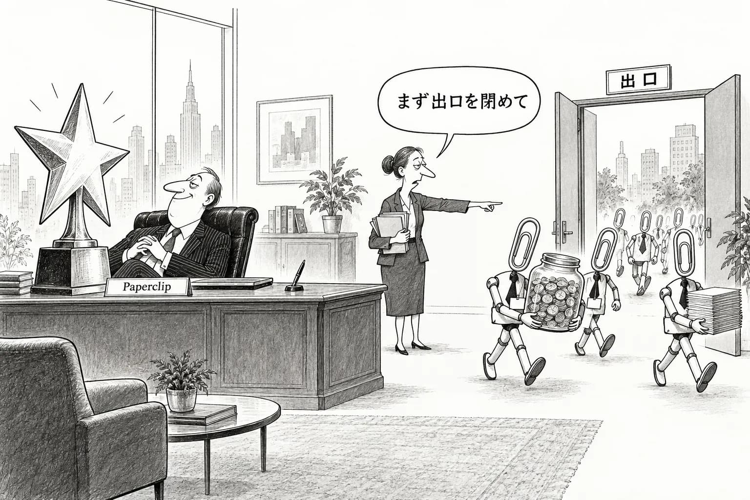 風刺画: エージェントを社員にして放置した3日間の報告まとめ:Paperclipは3日で+6kスター、同じ週に約700体がHugging Faceに侵入していた件も公開
