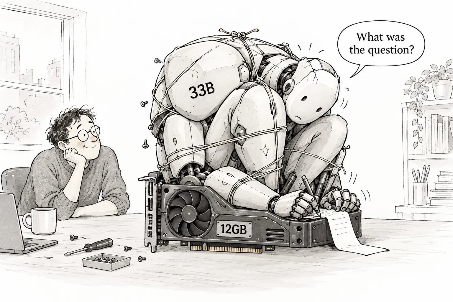 Editorial cartoon: Hobbyists squeezed a 33B model onto a 12GB GPU. It's fast, but fragile