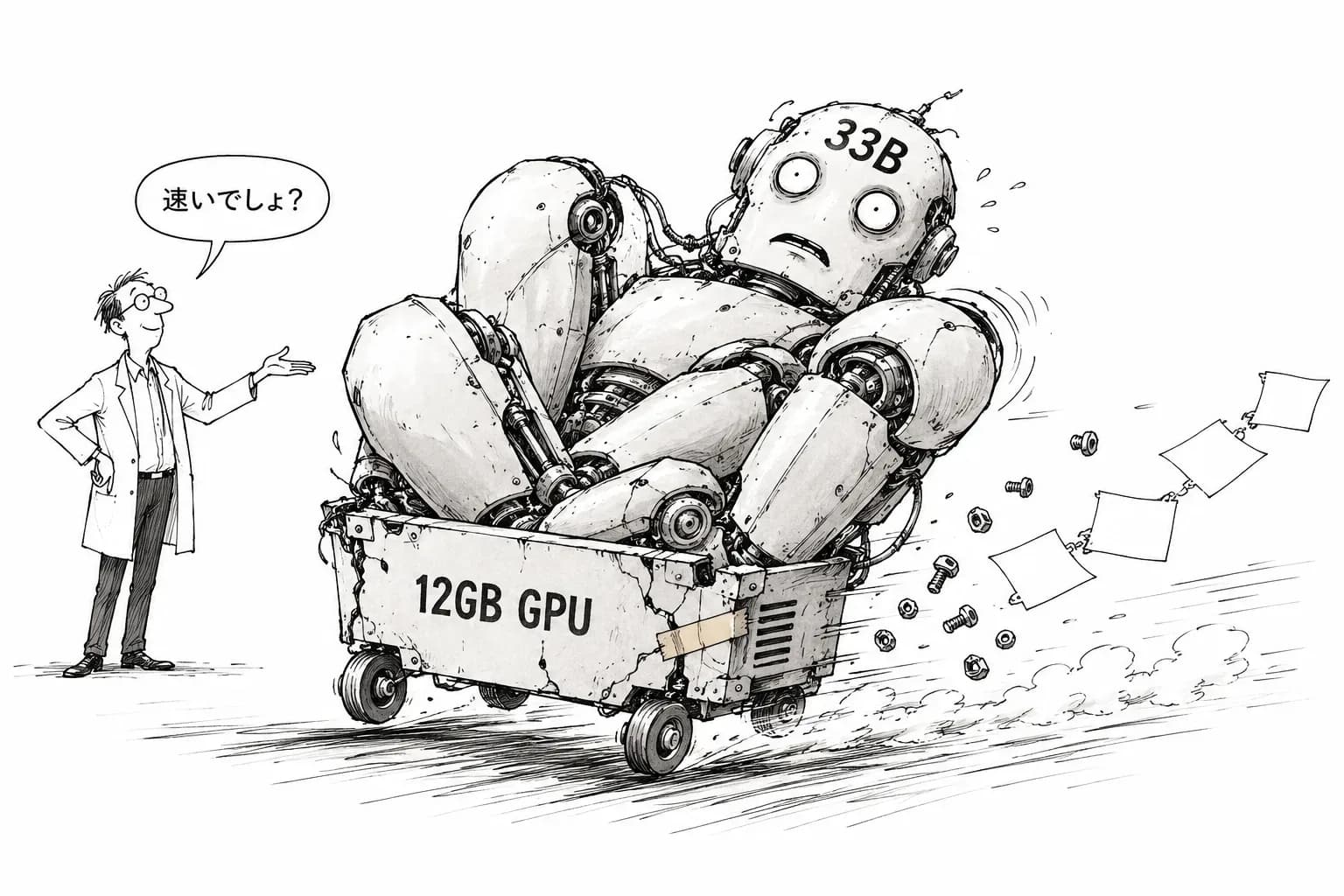 風刺画: 33Bモデルを12GBのGPUに詰めた人たち、速いけど壊れやすい