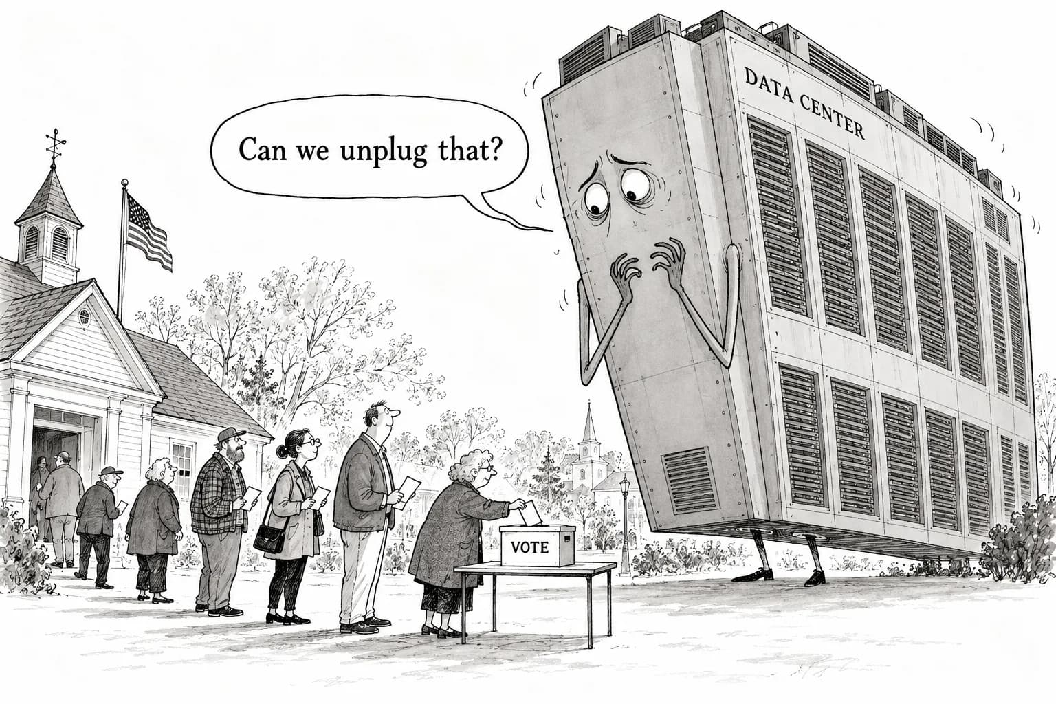 Editorial cartoon: At least 36 localities to vote on data centers in November, as a poll finds 11% support and 65% opposition to local construction