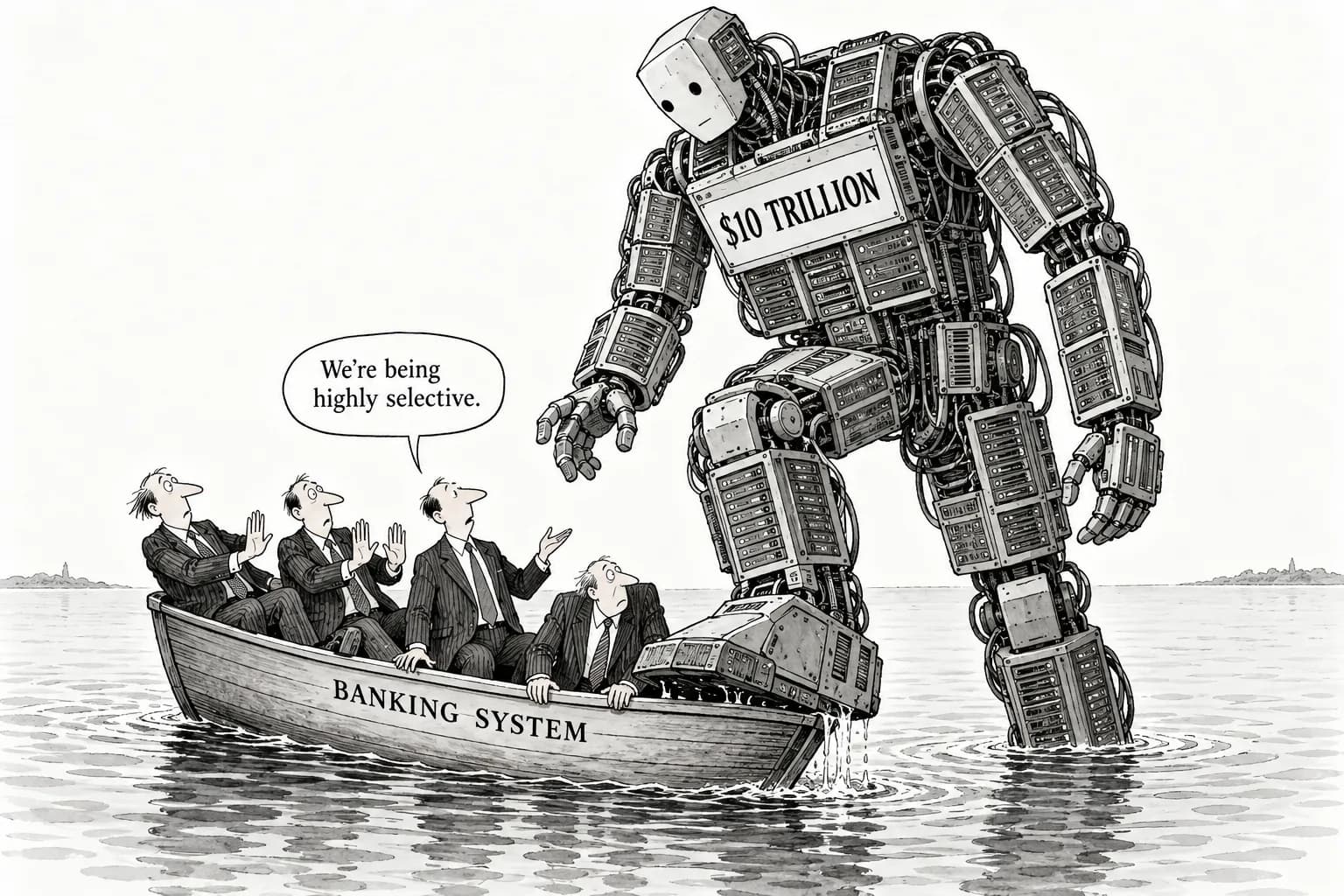 Editorial cartoon: Four US banks call AI infrastructure financing a 'systemic' question — Goldman sees 'well over $10 trillion, highly selective,' JPMorgan says it 'can't be immune'