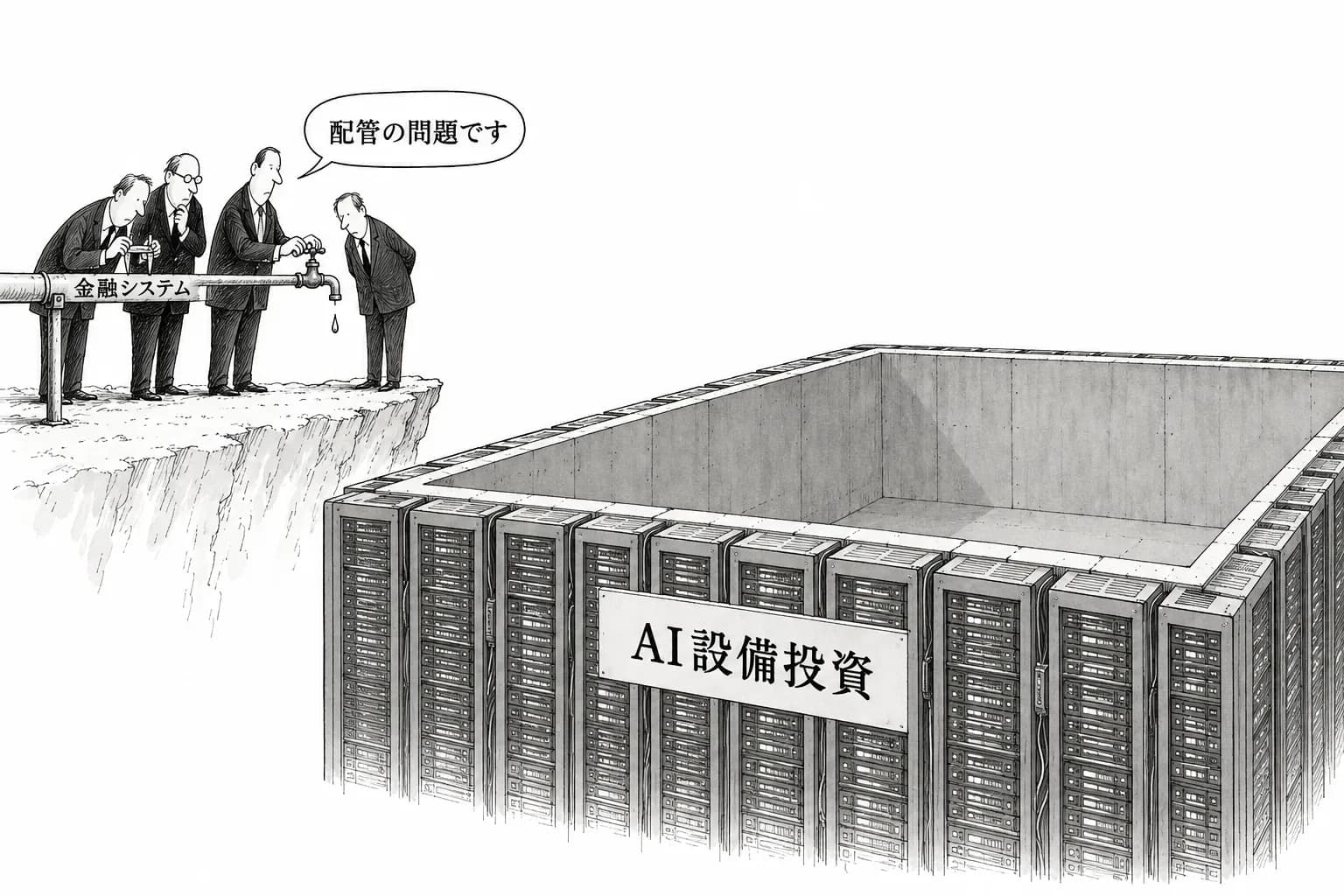 風刺画: 米銀4行の決算、AI インフラの資金を『システムの問題』と口を揃える——Goldman は『10兆ドル超、きわめて選別』、JPM は『無縁ではいられない』