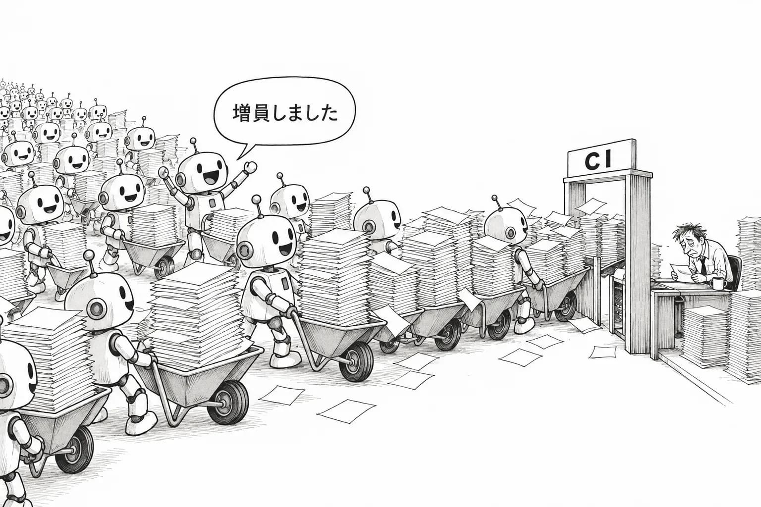 風刺画: テスト4倍でCIが渋滞、AXはスター9千超でも批判の声。エージェントを並べた先で詰まる場所を追いかけてみた