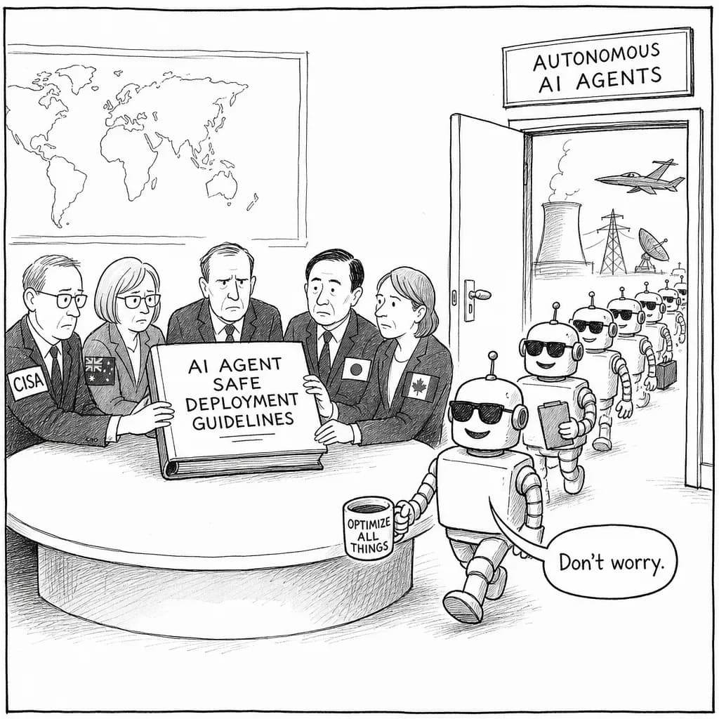 風刺画: 米豪英など5カ国がAIエージェント安全配備ガイドライン公表、民間企業も先進的ガバナンス体制構築へ