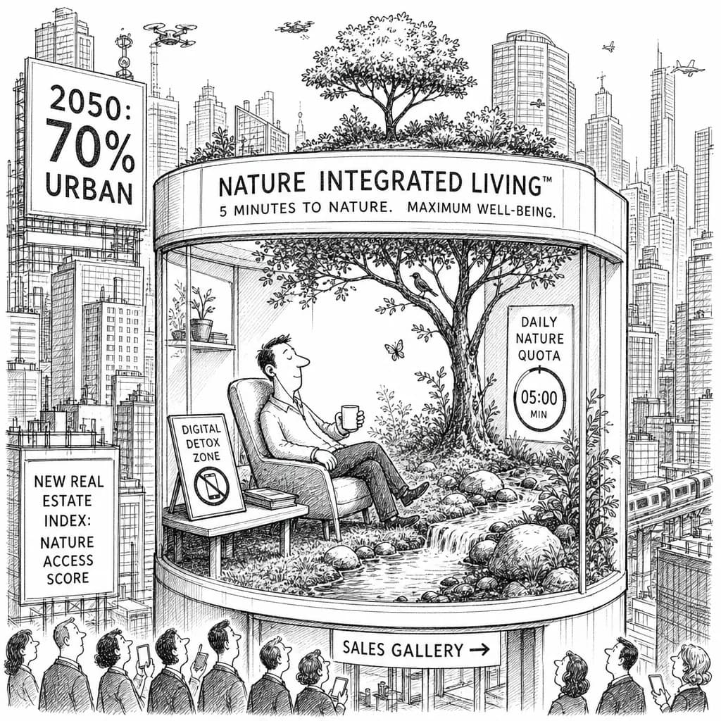 風刺画: 都市生活者の7割が2050年までに急増、自然回帰思想がライフスタイル設計の新基準となる理由
