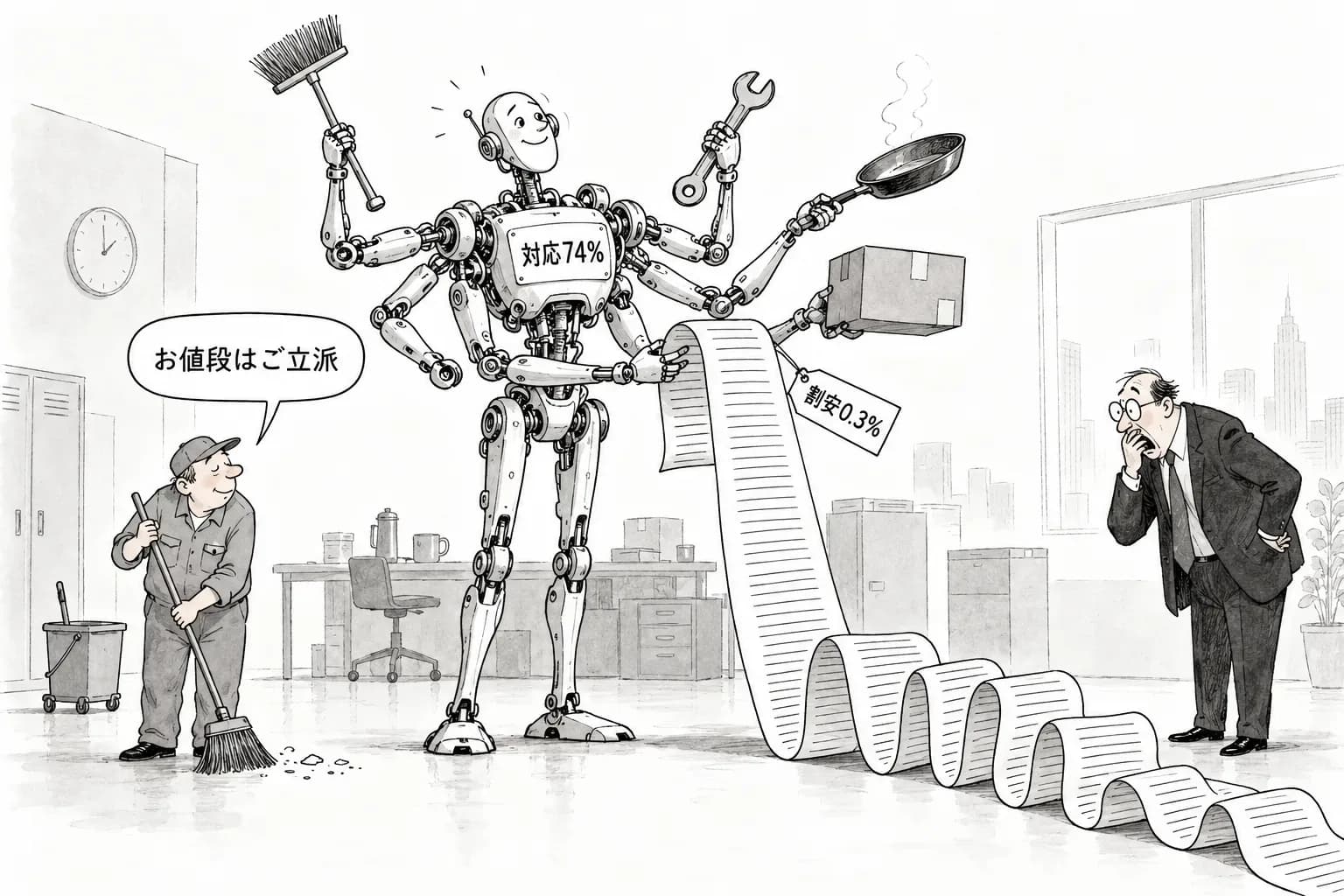 風刺画: ロボットは身体作業の74%をこなせるが、費用で人間に勝てるのは0.3% Anthropic の経済チームが曝露度の指標を公表