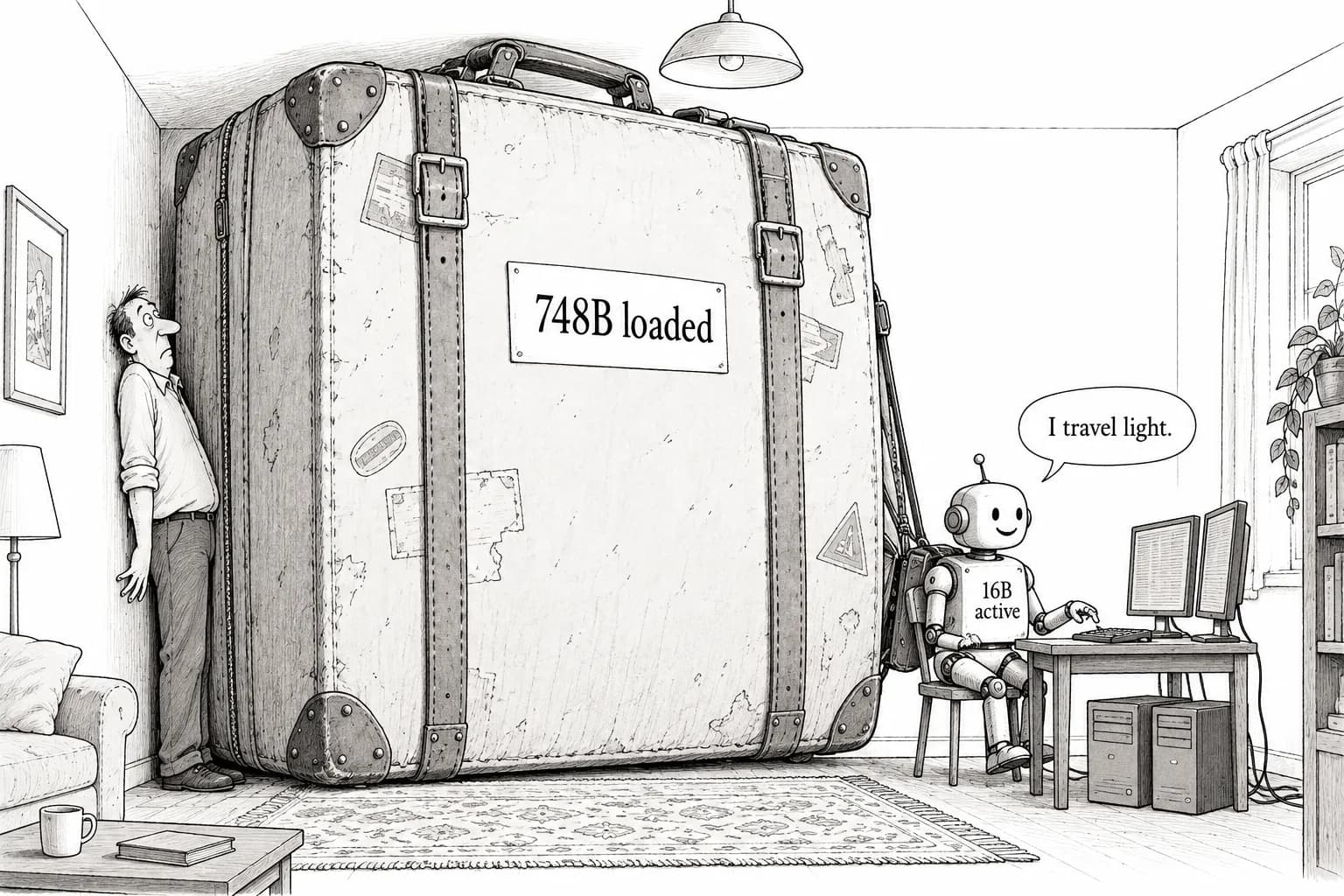 Editorial cartoon: DeepSeek-V4.1-Flash runs only 16B of its 748B parameters at a time, yet three days after release, almost the only home setup confirmed running it was a pair of DGX Sparks (about 57 tok/s)