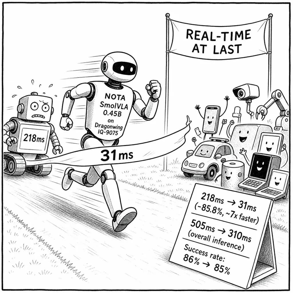 風刺画: ロボット動作生成85.8%短縮、NotaがQualcommエッジデバイスでVLAモデル推論7倍高速化