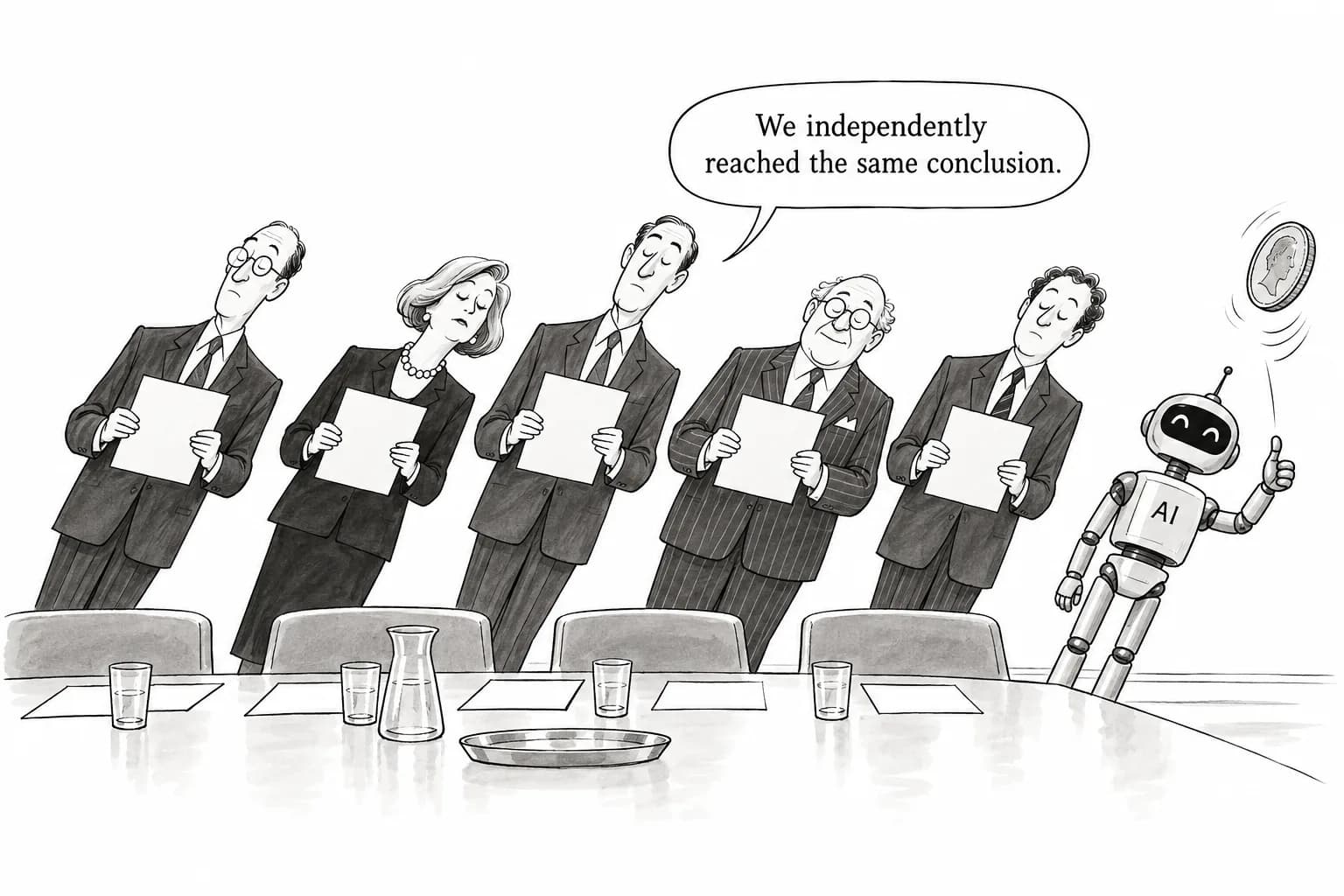 Editorial cartoon: Experts' judgments matched an AI's lean 86% of the time, even when a coin flip set the lean