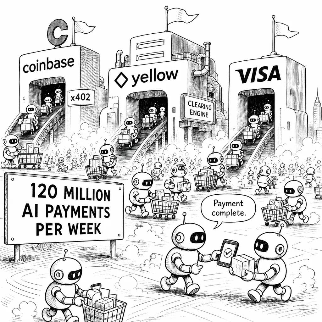 風刺画: AIエージェント決済、週1.2億件の実取引へ——Coinbaseのx402規格とYellowの清算基盤が競合