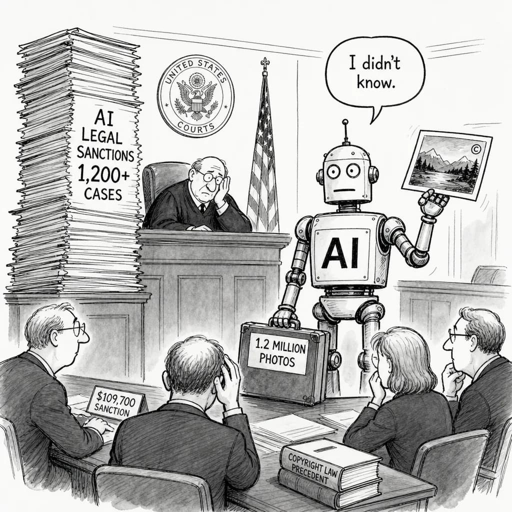 風刺画: AI法的制裁件数1,200件突破、米国司法制度におけるAI著作権・法的責任問題が深刻化
