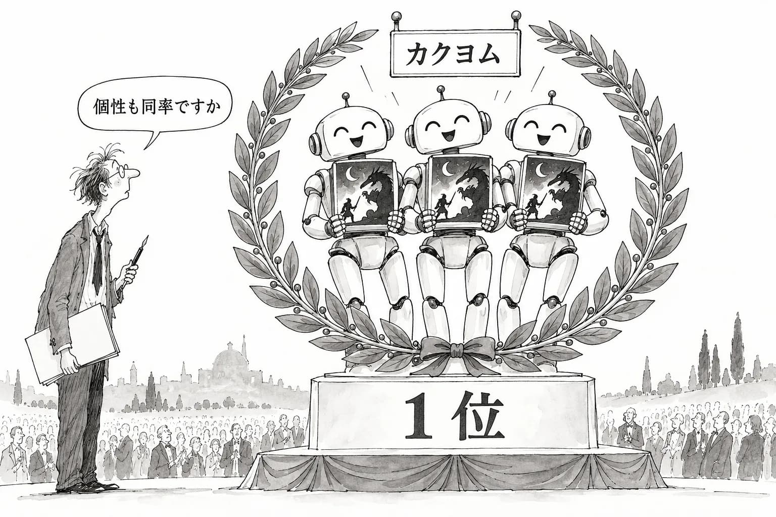 風刺画: AI小説が抱える「収束」問題——カクヨム1位事件が突きつける作家性の再定義