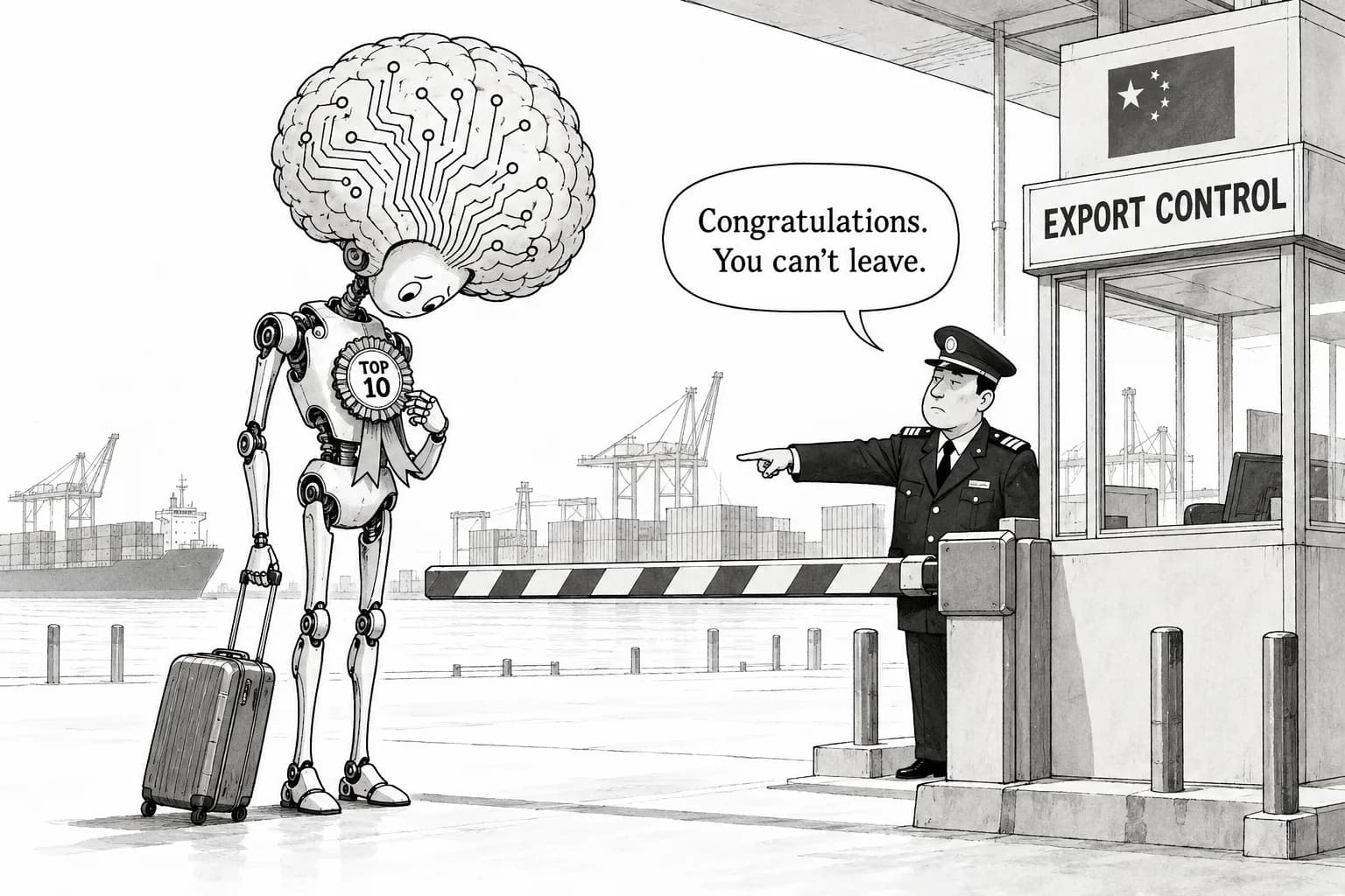 Editorial cartoon: Contents of China's AI export control list reportedly revealed: weights restricted for models meeting any of 10^26 FLOP, 2 trillion parameters or a global top-10 rank, with AI vulnerability discovery also covered