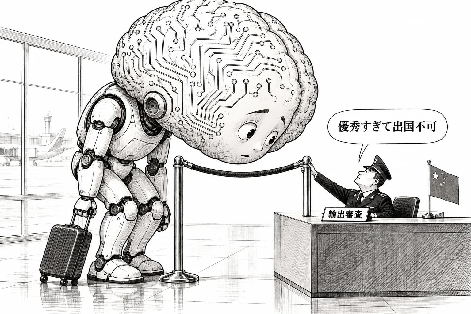 風刺画: 中国のAI技術の輸出規制、目録の中身が判明 『10^26 FLOP・2兆パラメータ・世界の上位10位』のどれかで重みの輸出を制限、AIによる脆弱性の発見も対象と報道