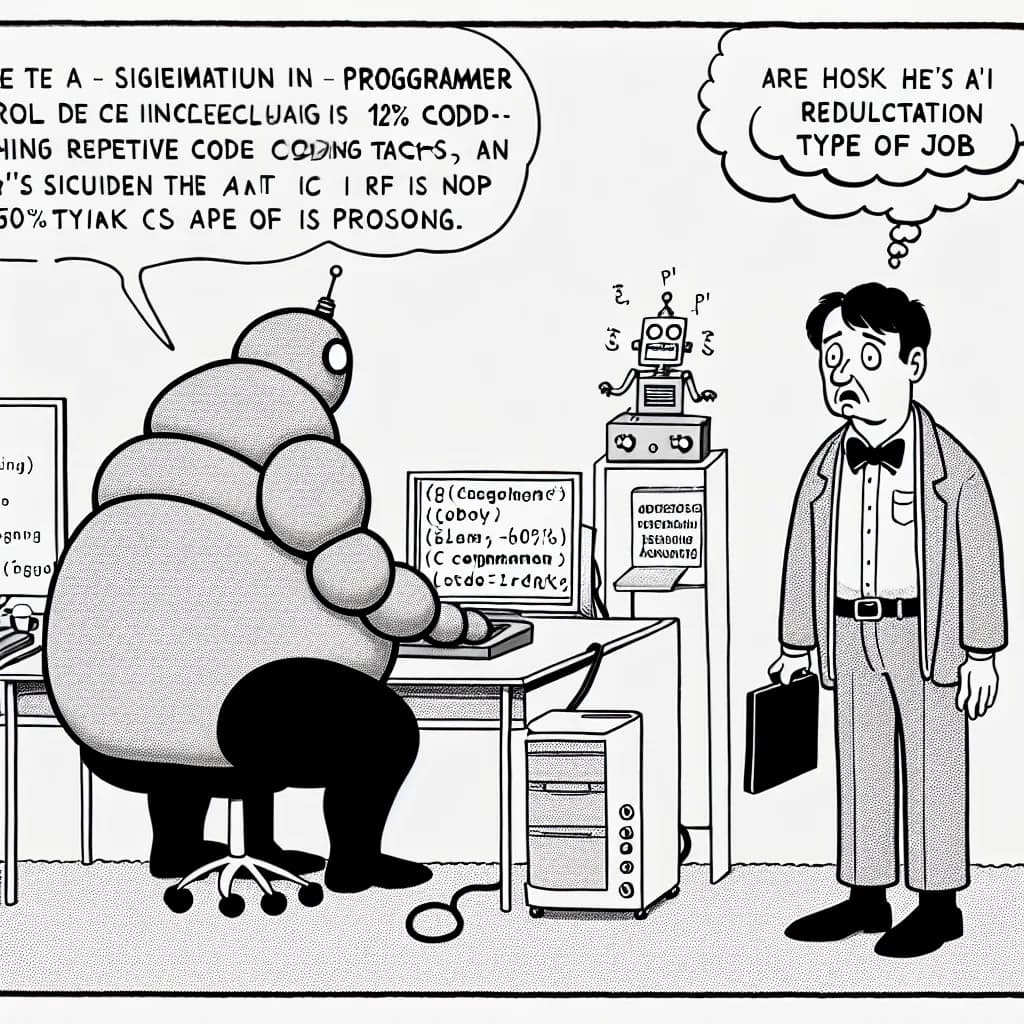風刺画: プログラマーの仕事が激変:AI導入でコーディング業務は12%が拡大、入門レベル採用は50%減少