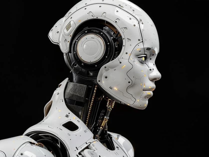 A white robot is standing in front of a black background