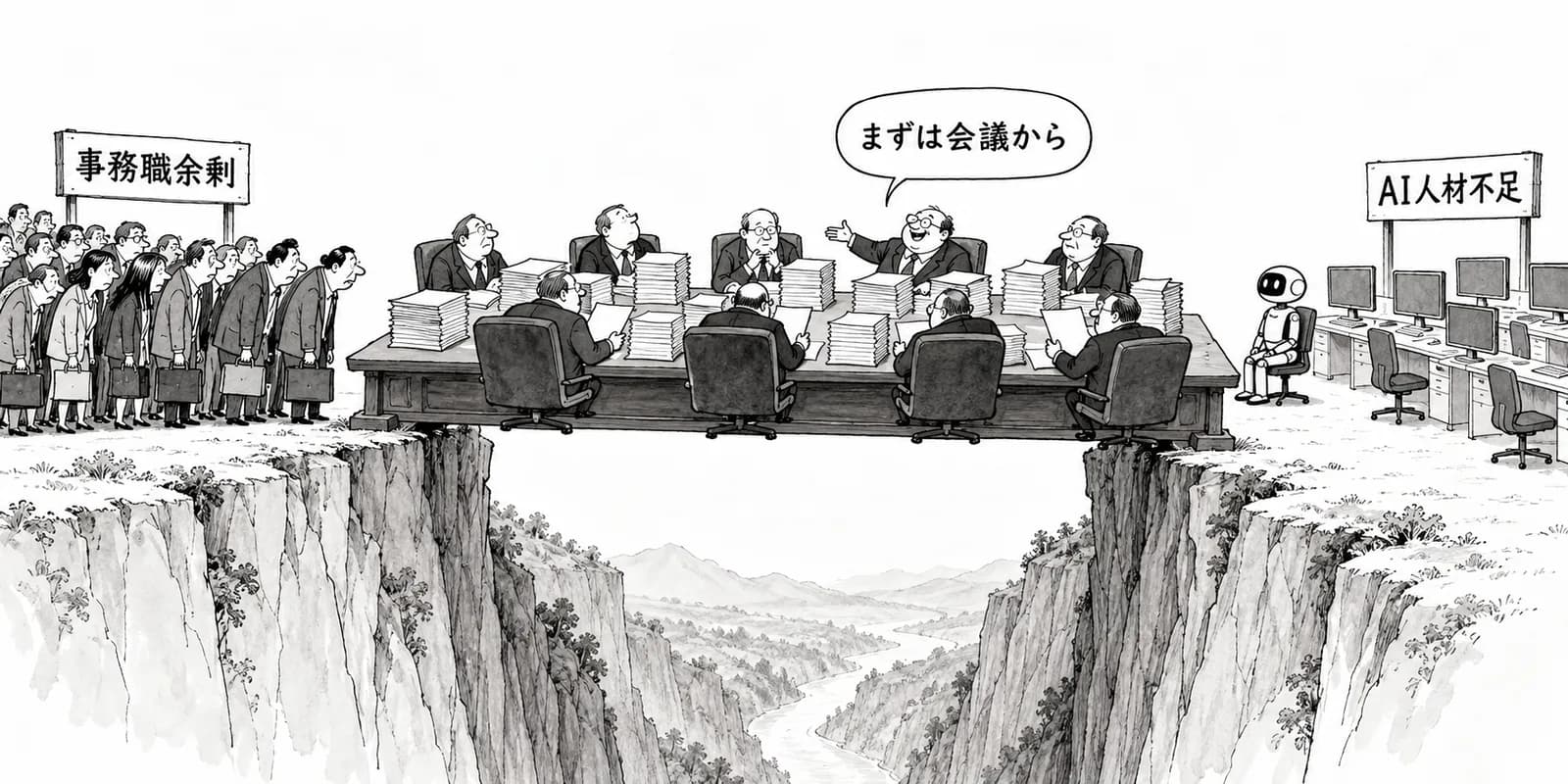 風刺画: 政府、AI・半導体「戦略17分野」へ省庁横断リスキリング会議新設——受講費最大8割給付も437万人余剰と339万人不足の壁