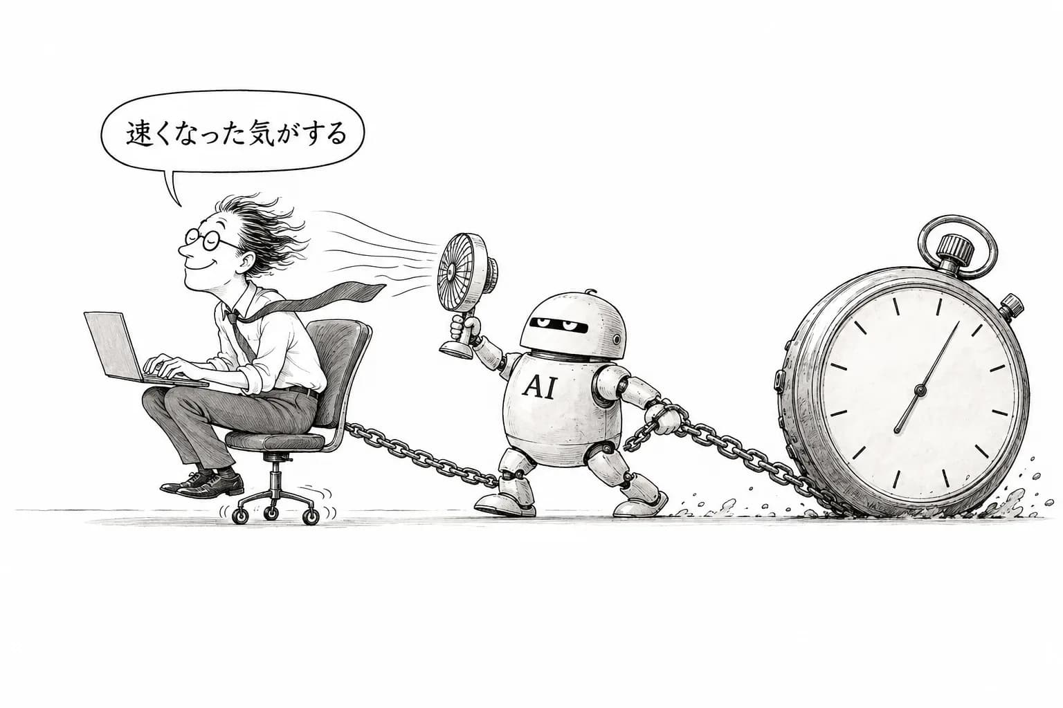 風刺画: AIで『19%遅くなった』のに『20%速くなった』と錯覚——実測と体感の39ポイント差が生産性投資の前提を揺るがす