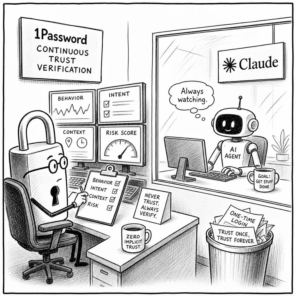 風刺画: AIエージェント認証、一度きりの確認から継続監視へ ― 1PasswordのClaude統合が示す設計転換