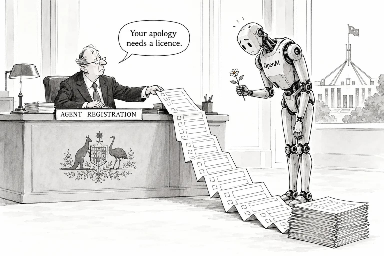 Editorial cartoon: Day two of Australia's parliamentary AI committee: assistant minister says government "won't rely on" OpenAI's apology as agent registration is floated