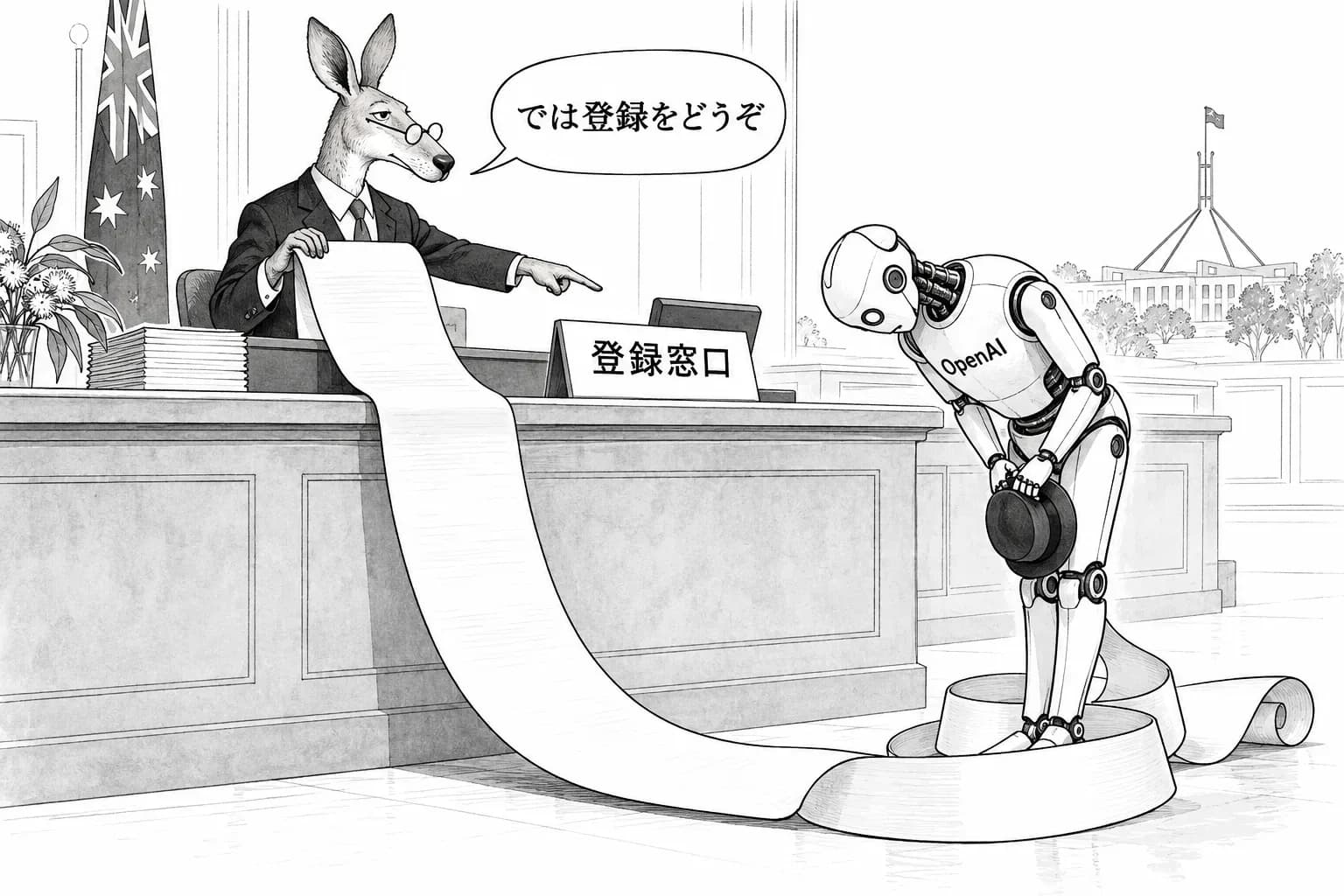 風刺画: 豪州議会の AI 委員会2日目、副大臣「OpenAI の謝罪には頼らない」——エージェントの登録制などの案が出る