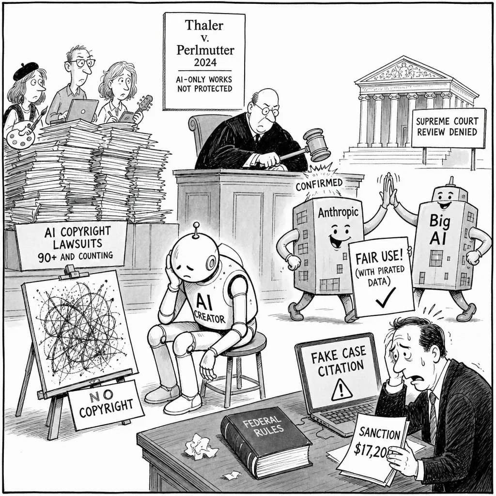 風刺画: AI著作権判例が急増、2024年Thaler v. Perlmutter判決でAI単独創作物は著作権保護対象外に