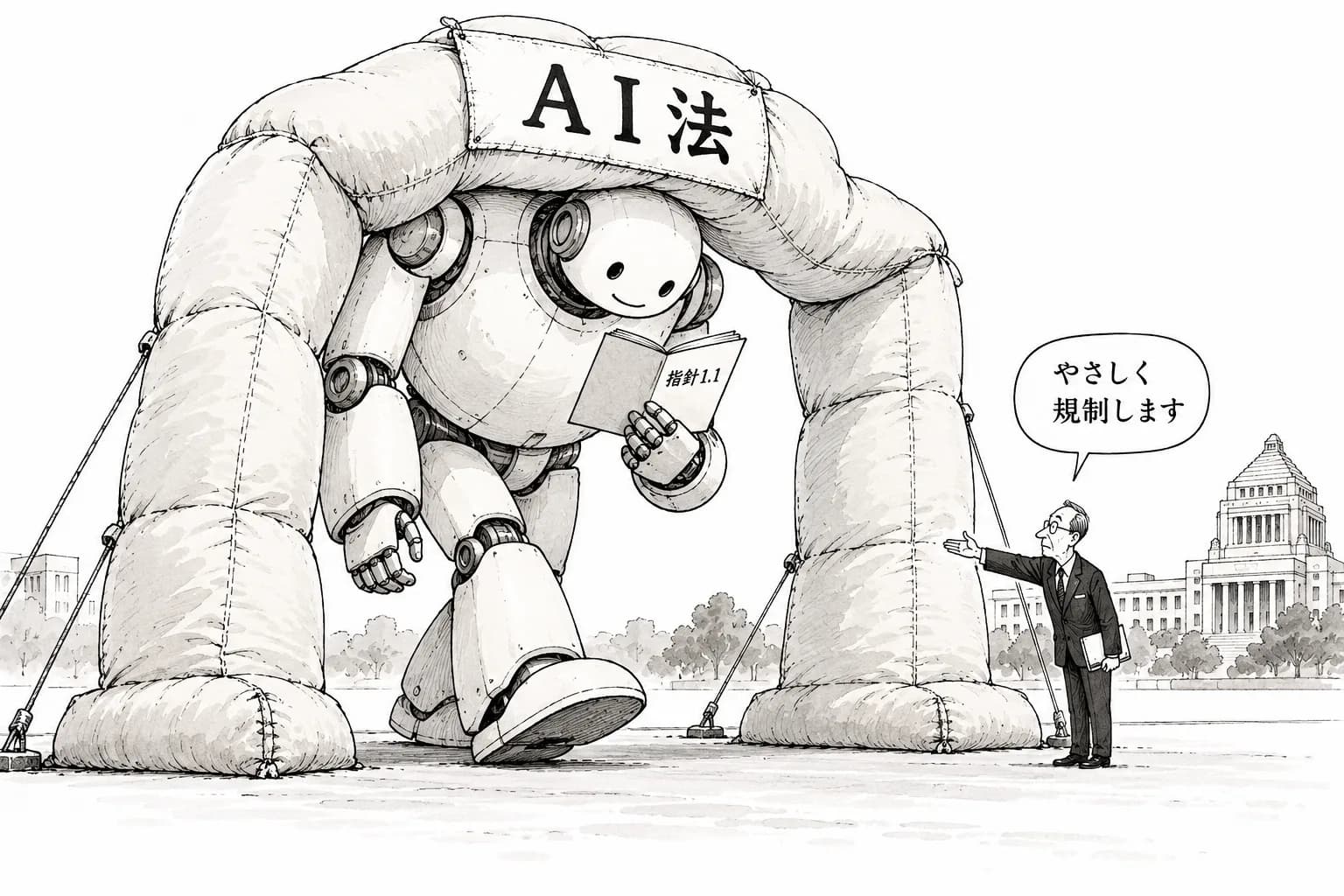 風刺画: 日本のAI規制、2025年9月「AI法」全面施行でもソフトロー堅持 事業者ガイドライン第1.1版が実務の要に