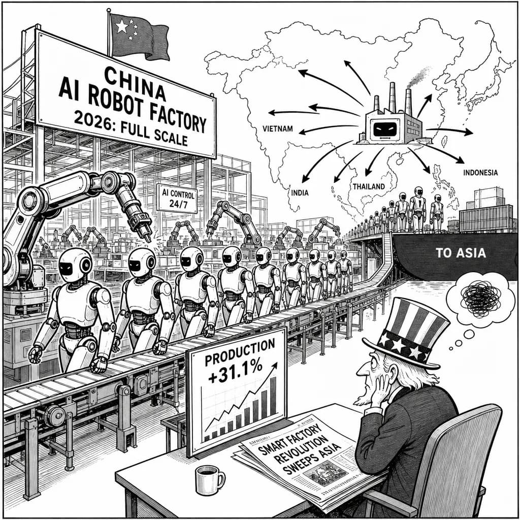 風刺画: 中国のAIロボット工場が2026年に本格稼働!生産量31%増でベトナム進出も加速、スマートファクトリー革命がアジア全域に波及中 🤖