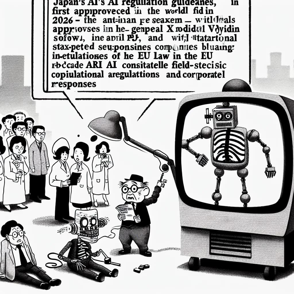 風刺画: 日本のAI規制ガイドライン、2026年4月に医療分野で初承認 - 生成AI規制の国際動向と企業対応