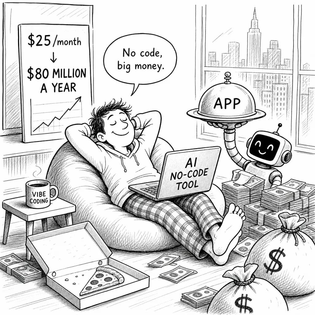 風刺画: AIノーコード開発が個人開発者に革命を起こした件 - 月額数千円で本格アプリ、年商数千万も続出