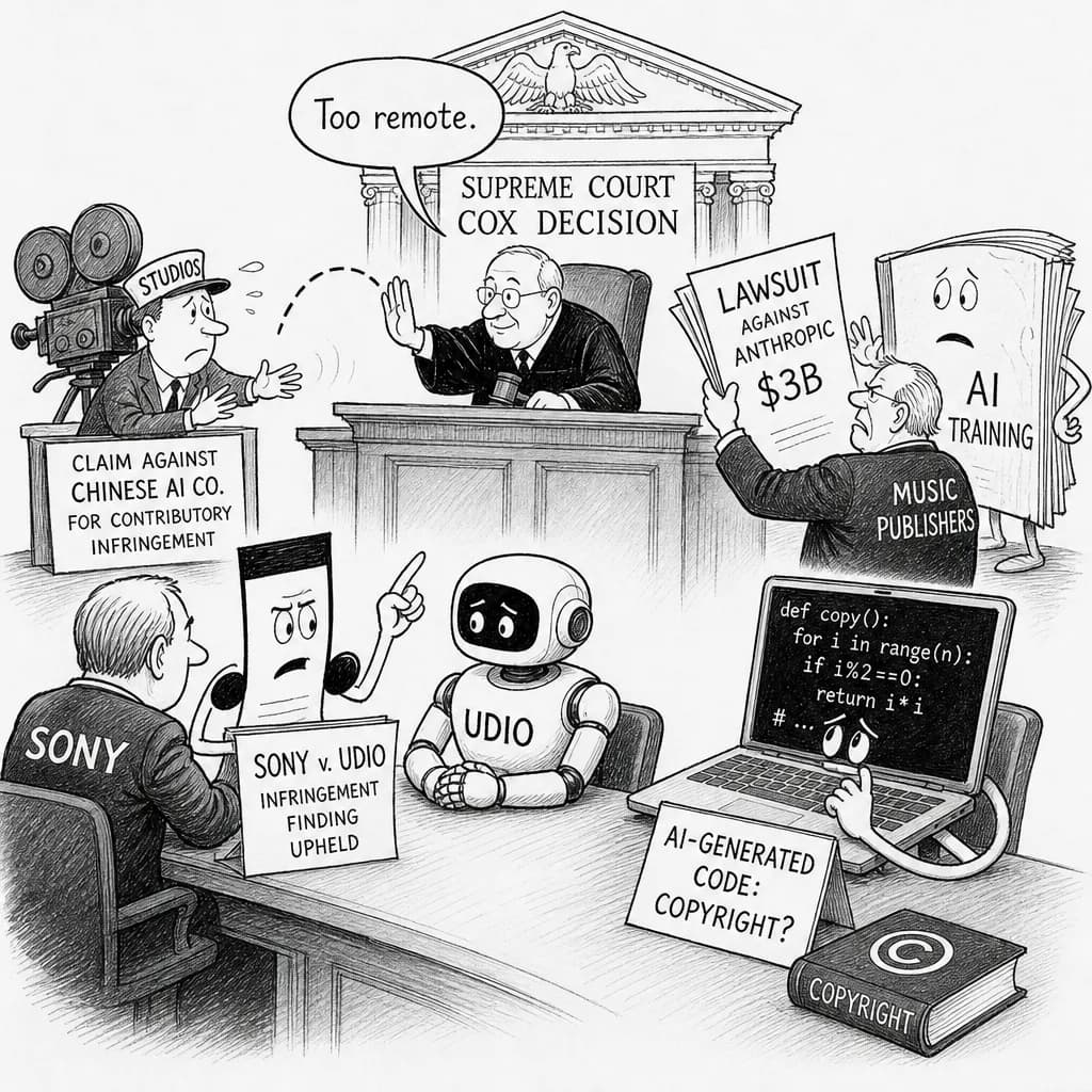風刺画: AI著作権訴訟で新たな法的潮流、最高裁判例がスタジオ訴訟に影響