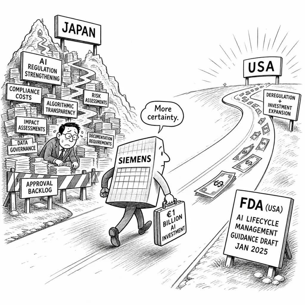 風刺画: 日本のAI規制強化が産業界に与える影響、欧米では規制緩和と投資拡大の動き