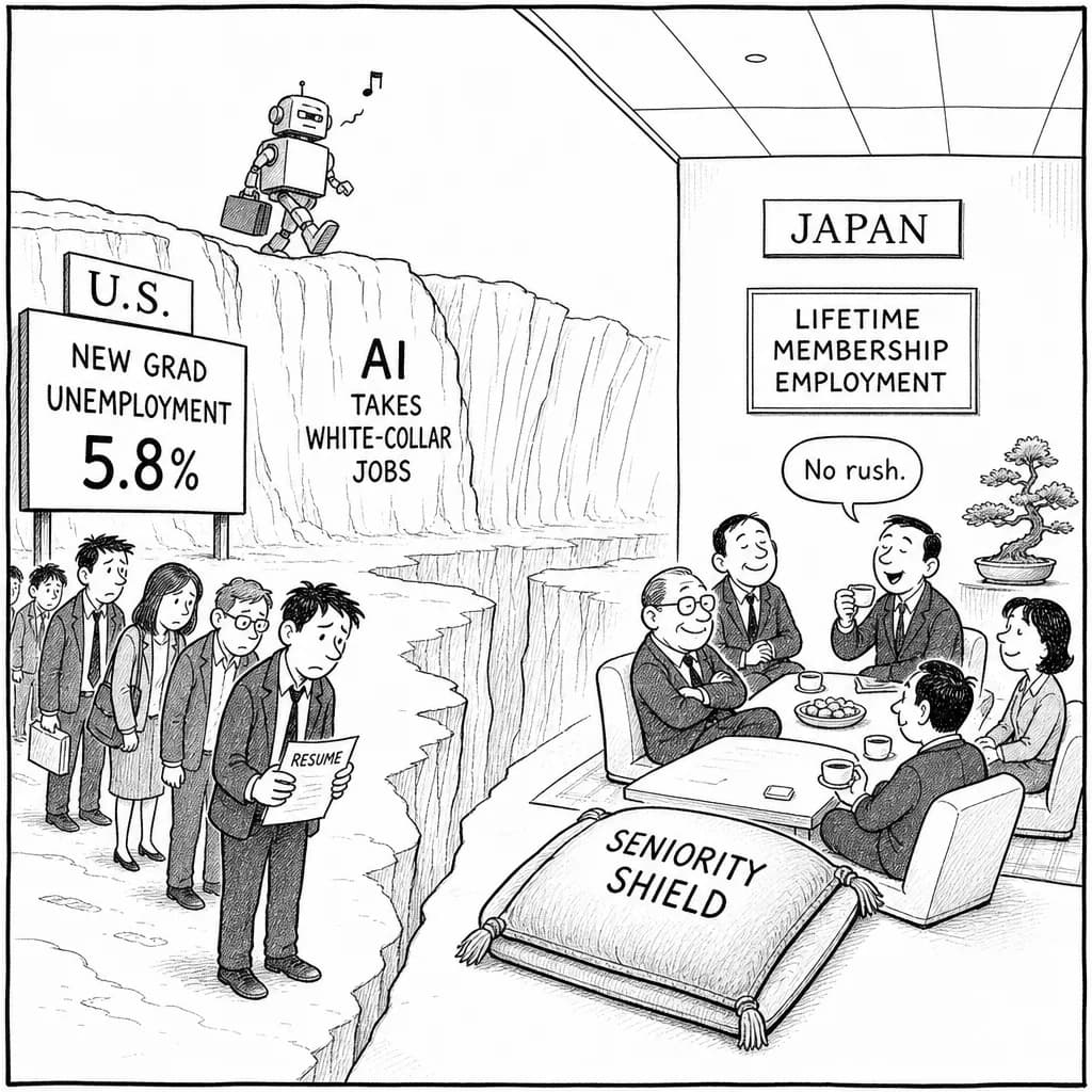 風刺画: 米国「新卒AI氷河期」の実態、日本はなぜ危機感が薄いのか——ホワイトカラー代替の構造差を読む