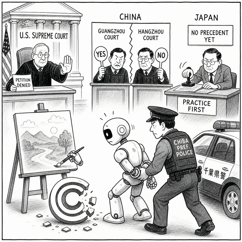風刺画: AI著作権めぐる司法判断、米国は「人間著作者」確定・中国は分岐判決・日本は判例不在のまま実務先行