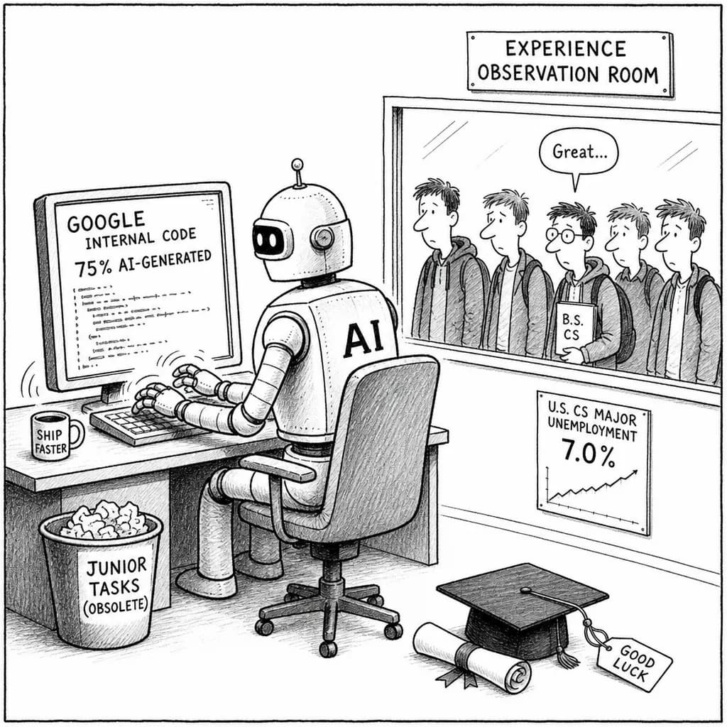 風刺画: 新人プログラマーが育たない時代 AIが奪うのは仕事ではなく「経験を積む機会」