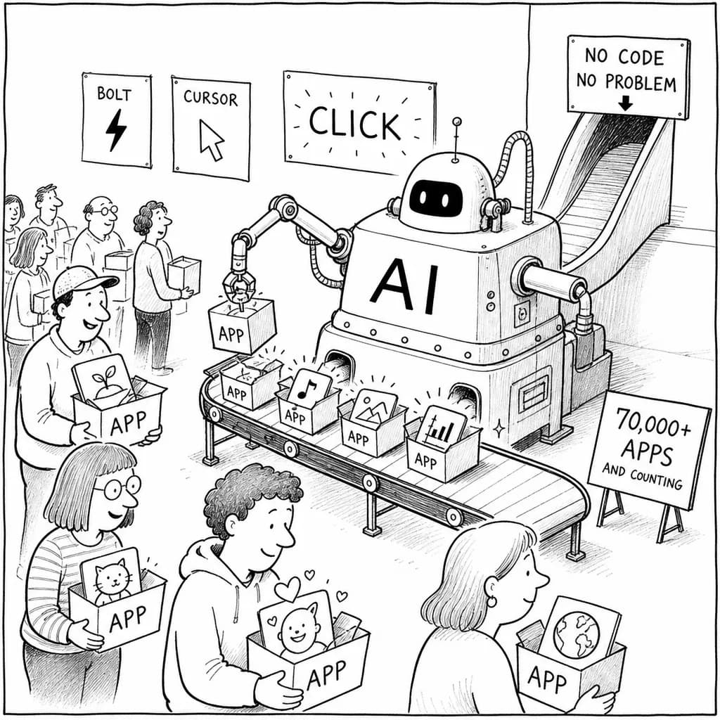 風刺画: プログラミング未経験でも「自分のアプリ」が作れる時代?AI×ノーコードで個人開発してる人たちを追いかけてみた