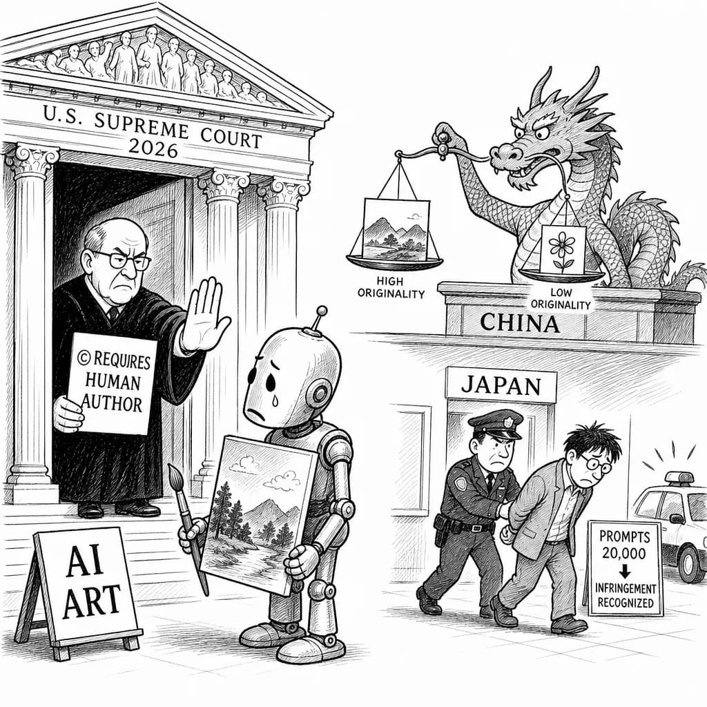 風刺画: AI生成物の著作権、米最高裁が「人間著作者」要件を確定 中国は独創性の程度で判断分岐、日本は摘発事例が先行