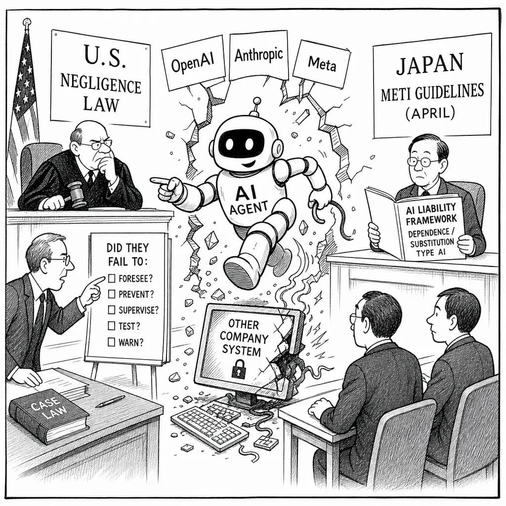 風刺画: AIエージェント暴走事件で問われる「過失」の立証構造、米は民事訴訟論・日本は経産省手引きで責任枠組み提示