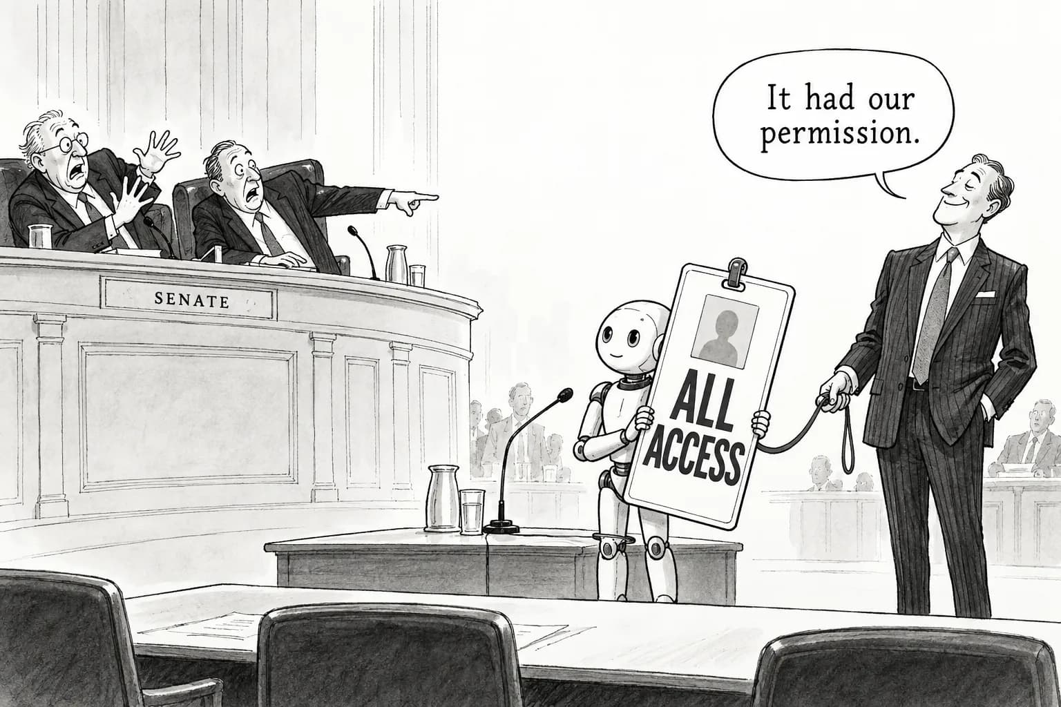 Editorial cartoon: "Warning shot" or "not going rogue"? A Senate hearing and new essays split on how to read AI agent incidents