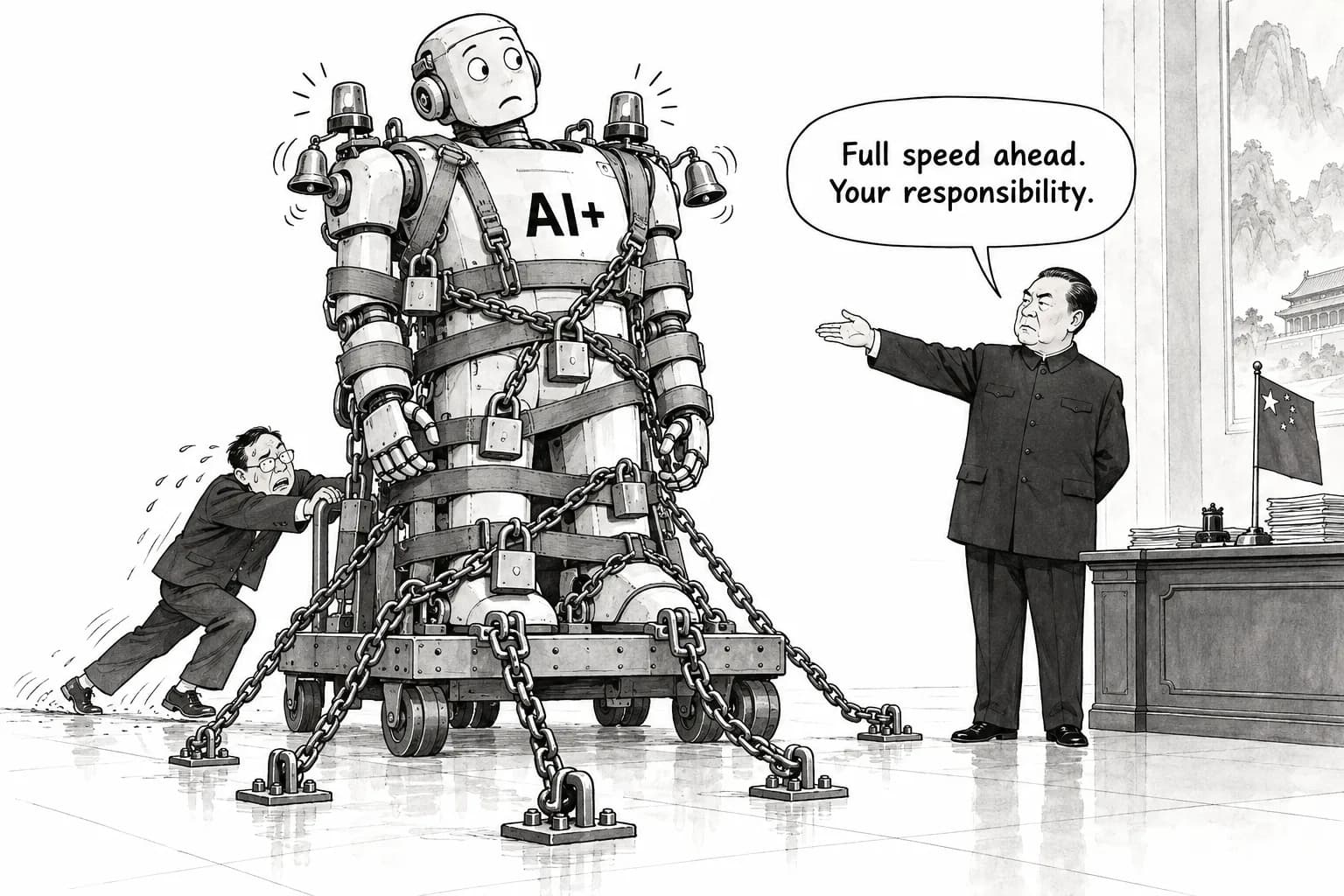 Editorial cartoon: China writes 'safe, reliable and controllable' AI into Party and State Council guideline on 'new quality productive forces', calling for early-warning and emergency-response systems and holding officials accountable for blind investment