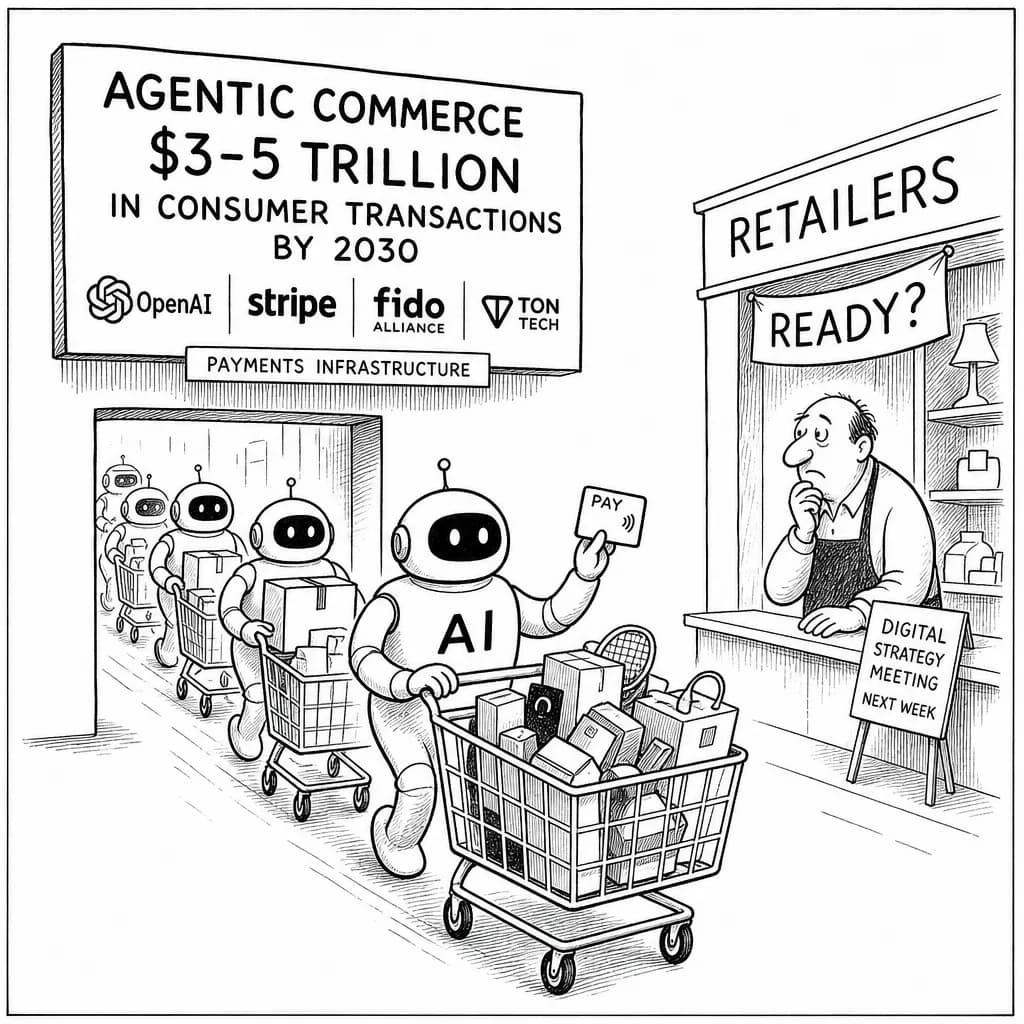 風刺画: AIエージェントが決済を革新、2030年に世界消費者取引3-5兆ドル規模に